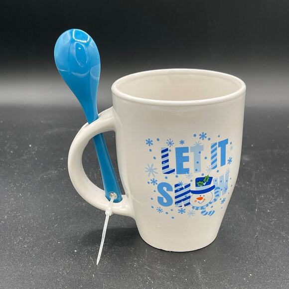 Let It Snow Holiday Ceramic Coffee Mug & Blue Spoon - Picture 2 of 6